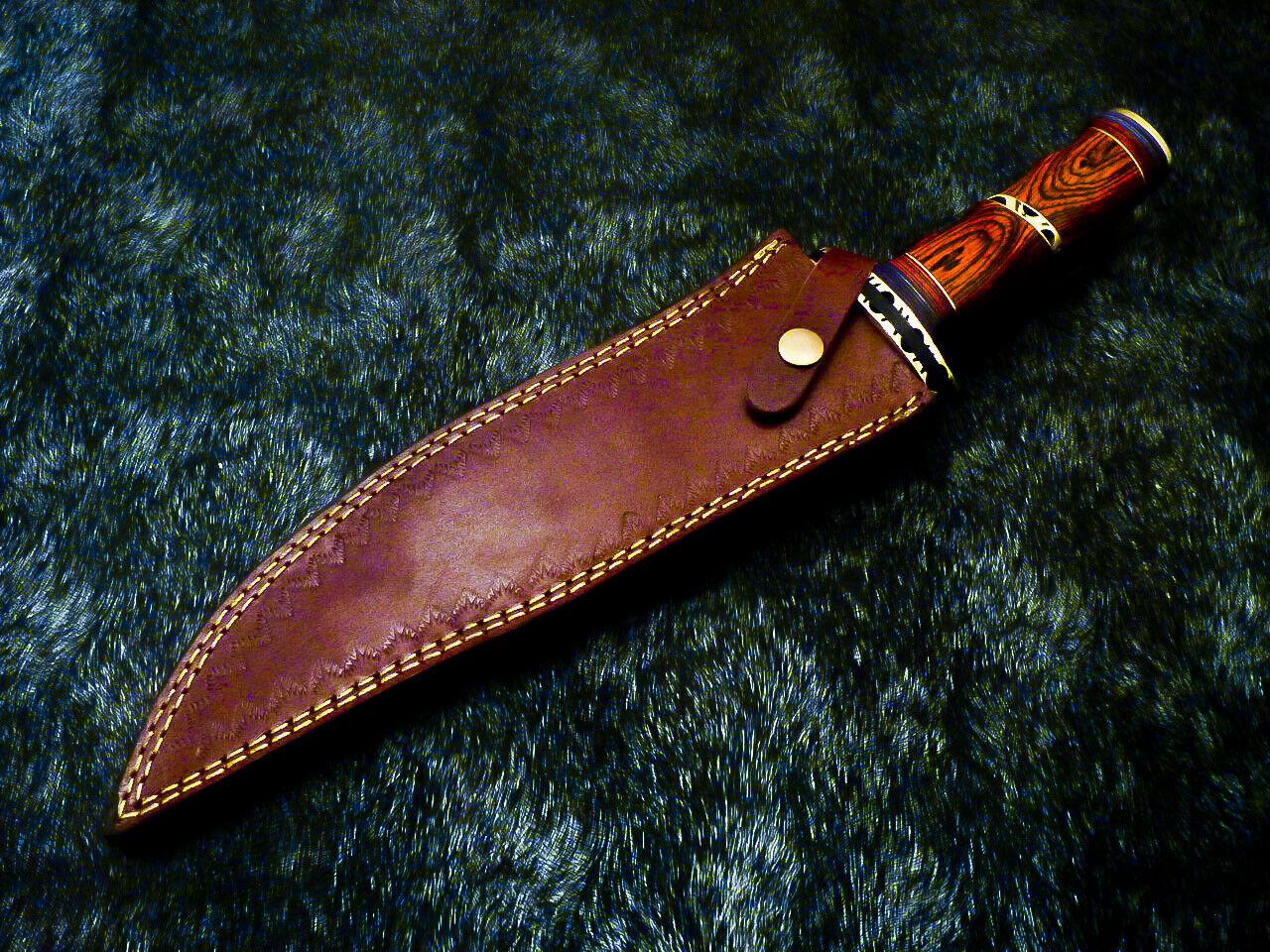 15" Hand-Forged Damascus Bowie Hunting Knife – Hardwood Handle with Brass Bolster