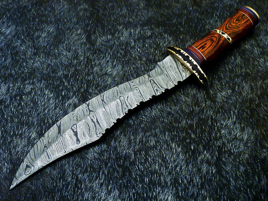 15" Hand-Forged Damascus Bowie Hunting Knife – Hardwood Handle with Brass Bolster