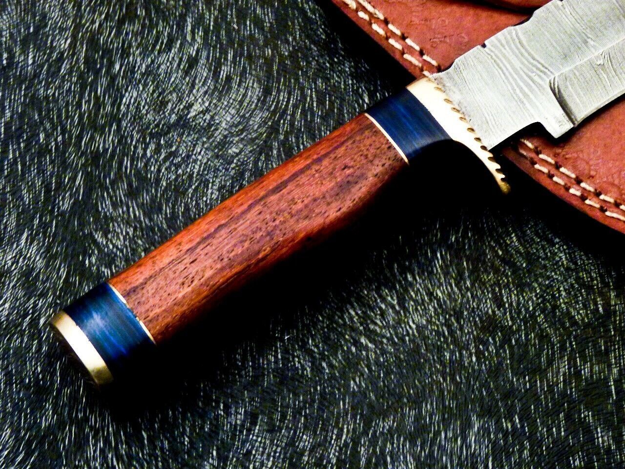 Heritage Forge 10 Inch Handmade Damascus Steel Bowie Hunting Knife with Wood and Brass Handle
