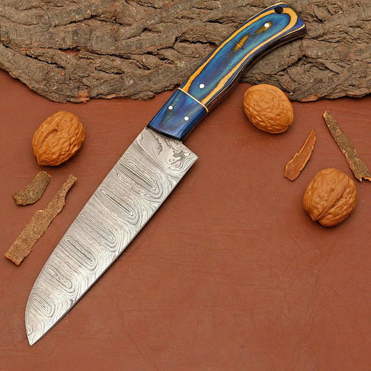 Custom Handmade Damascus Steel Chef Knife – 7" Kitchen Knife with Wood Handle & Leather Sheath