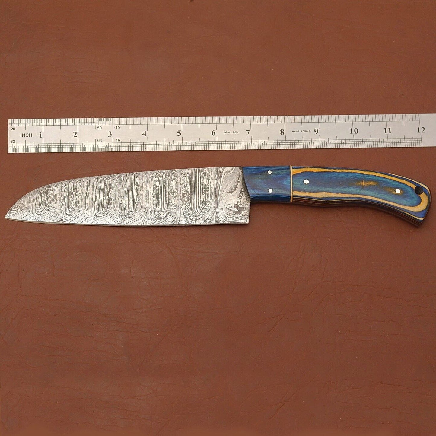 Custom Handmade Damascus Steel Chef Knife – 7" Kitchen Knife with Wood Handle & Leather Sheath
