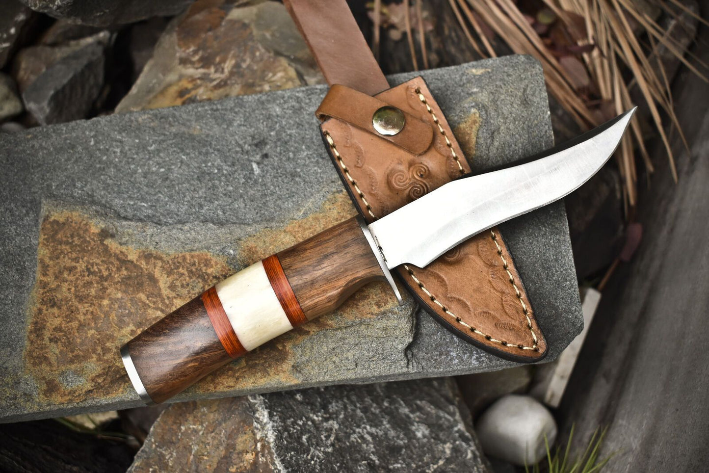 10" Handmade Skinner Knife | AUS-8 Steel Blade | Bone & Wood Handle with Steel Guard