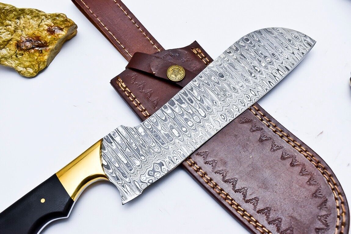 Custom Handmade Damascus Hunting/Chef Knife – 5.8" Blade with Micarta Handle, Brass Pins & Leather Sheath