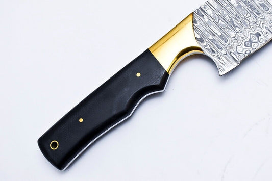 Custom Handmade Damascus Hunting/Chef Knife – 5.8" Blade with Micarta Handle, Brass Pins & Leather Sheath