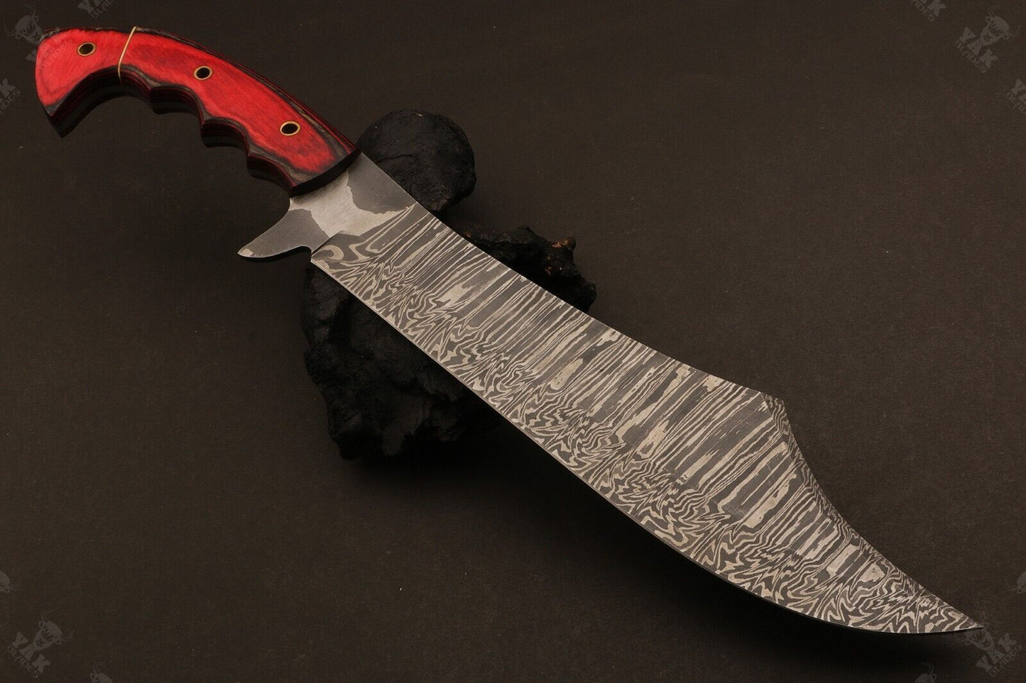 Heritage Forge 16 Inch Fire Damascus Steel Bowie Knife with Wood Handle with Brass for Hunting and Camping