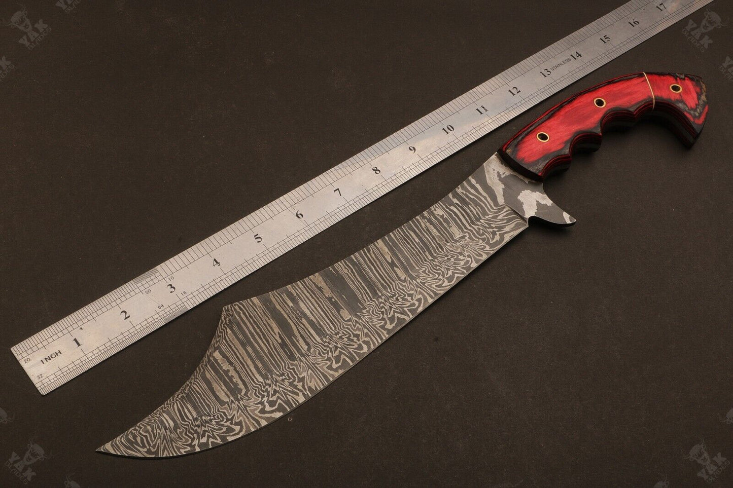 Heritage Forge 16 Inch Fire Damascus Steel Bowie Knife with Wood Handle with Brass for Hunting and Camping