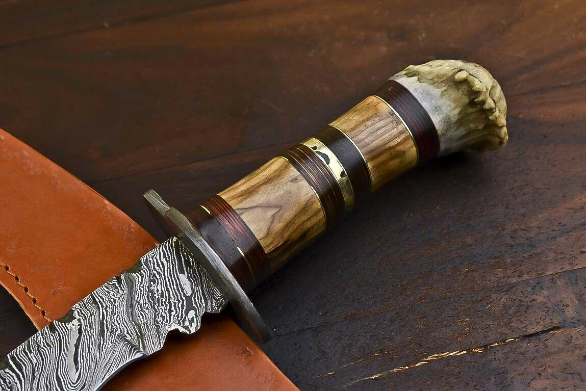 Handmade Damascus Bowie Knife | Crown Antler Handle 16" Hunting Blade