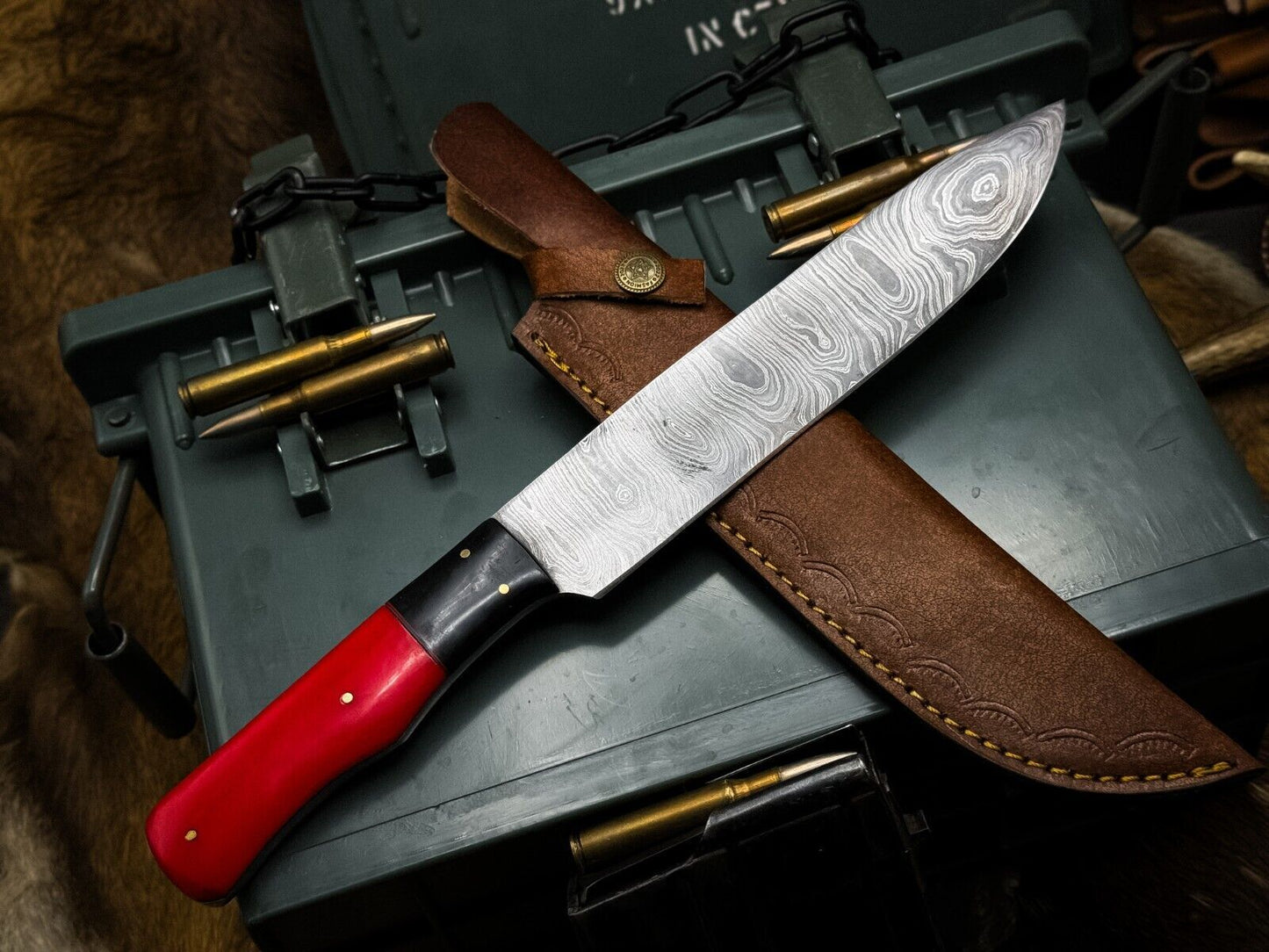 Handmade Damascus Steel Kitchen Chef Cutting Knife – Resin Handle with Leather Sheath