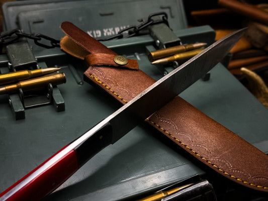 Handmade Damascus Steel Kitchen Chef Cutting Knife – Resin Handle with Leather Sheath