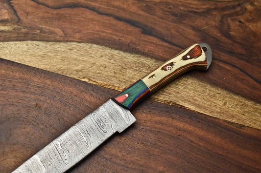 Handmade Damascus Steel Blade Chef Full Tang Knife – Camel Bone & Wood Handle