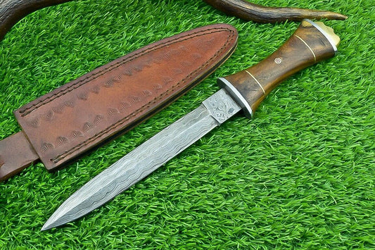 12" Damascus Steel Bowie Knife with Natural Wood Handle – Handmade Hunting Dagger Blade