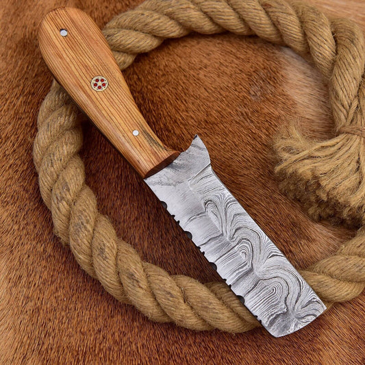 Damascus Steel Bull Cutter Knife Custom Handmade Hunting Bull Knife with Wood Handle