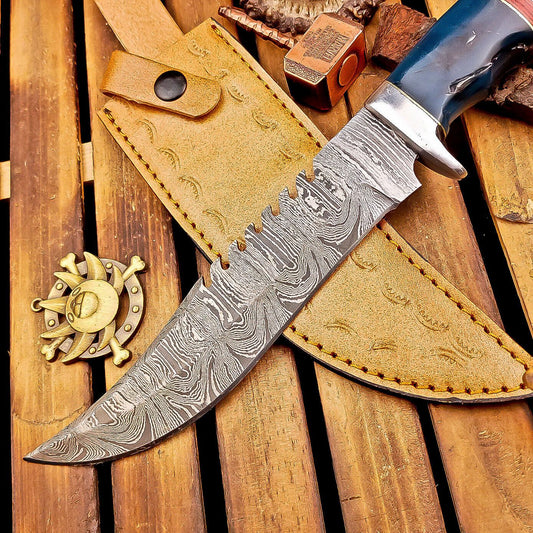 12 Inch Custom Damascus Bowie Knife with Resin Handle and Steel Bolster