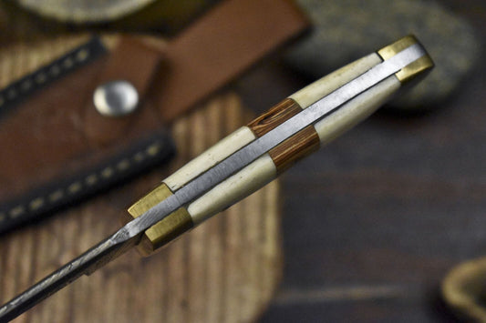 8" Twist Damascus Skinner Knife with Bone and Wood Handle and Brass Guard – Handmade EDC Blade