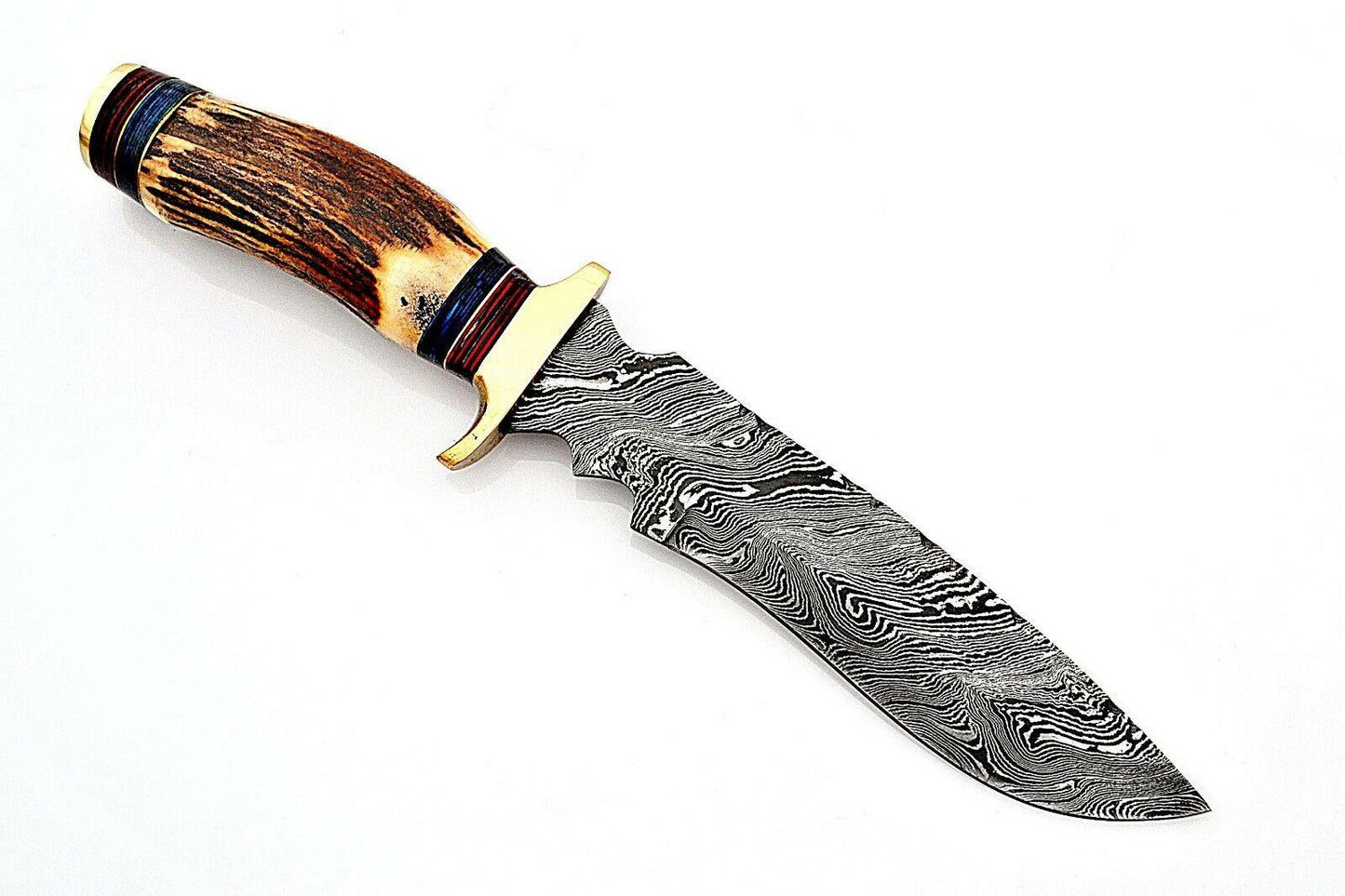 Heritage Forge Custom Damascus Hunting Knife with Stag Horn Handle and Brass Bolster