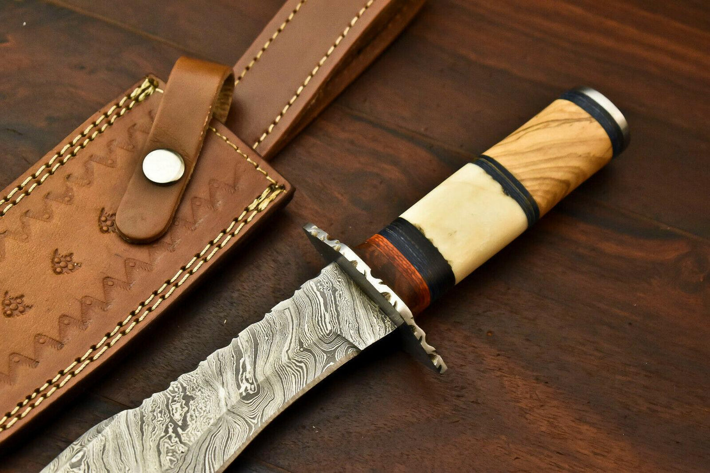 13" Handmade Damascus Steel Bowie Knife with Camel Bone Handle