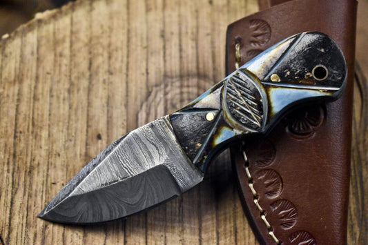 Hand Forged Twist Damascus Skinner Knife with Bone Handle | Tactical Miniature Hunting Knife