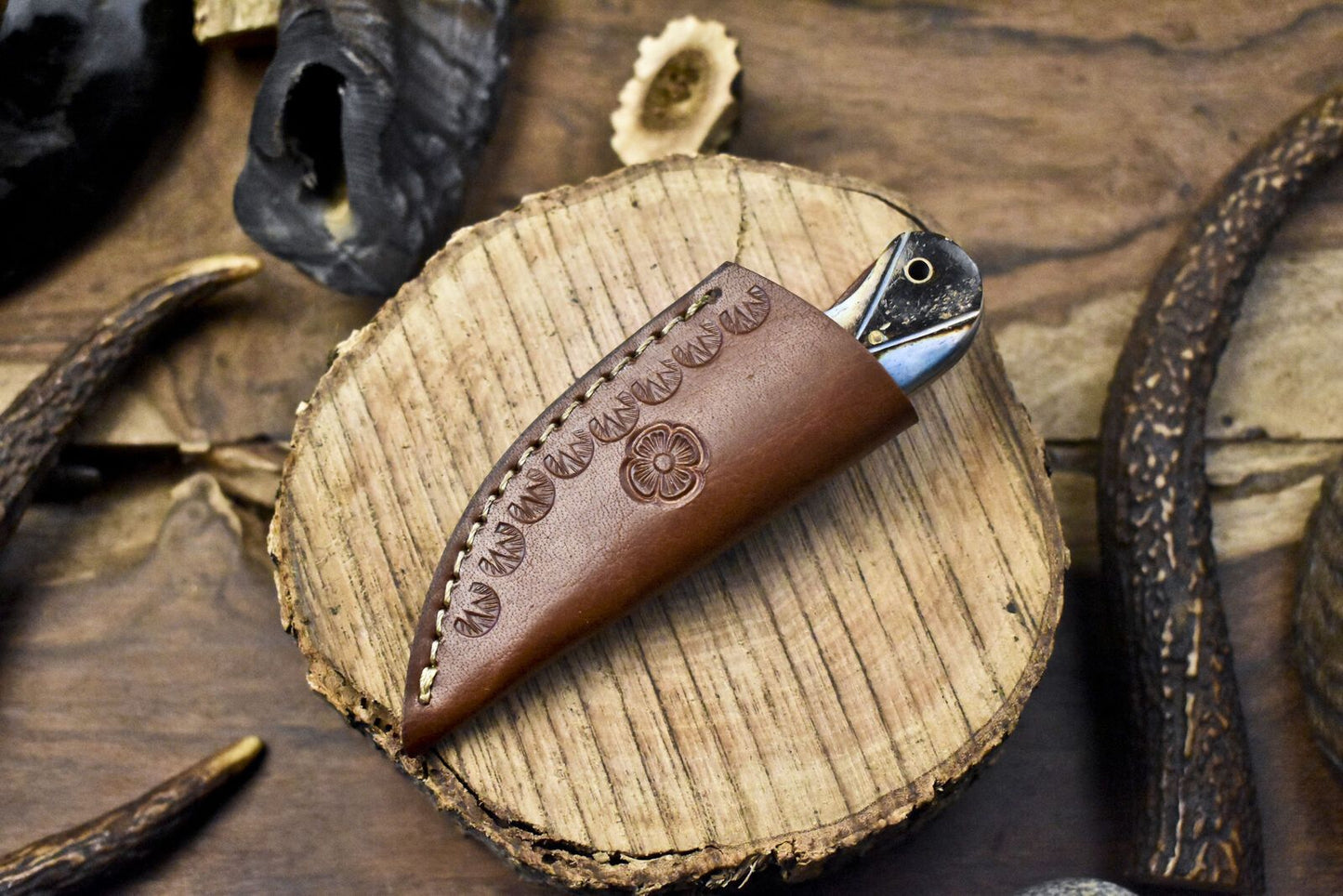 Hand Forged Twist Damascus Skinner Knife with Bone Handle | Tactical Miniature Hunting Knife