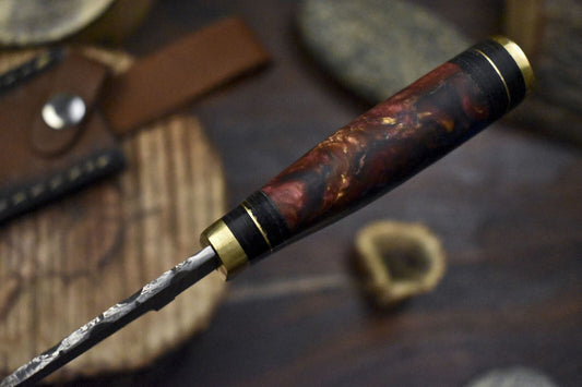 Handmade Skinner Knife w Gut Hook Twist Damascus Corain Decoration