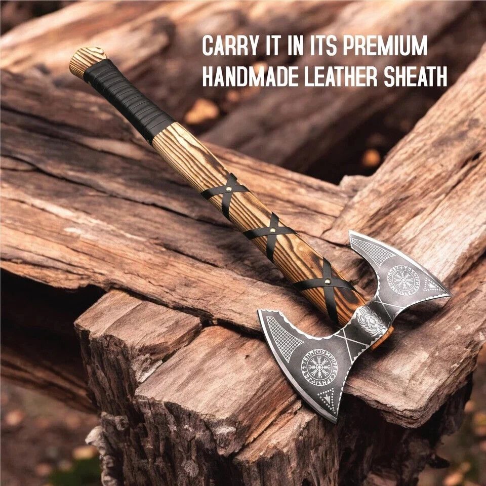 Norse Berserker Axe – Hand Forged Scandinavian Double Head Viking Axe with Leather Sheath