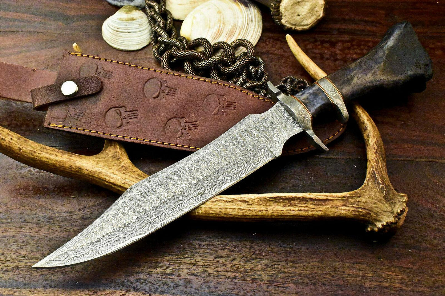 15" Handmade Damascus Bowie Knife – Engraved Camel Bone Handle & Leather Sheath