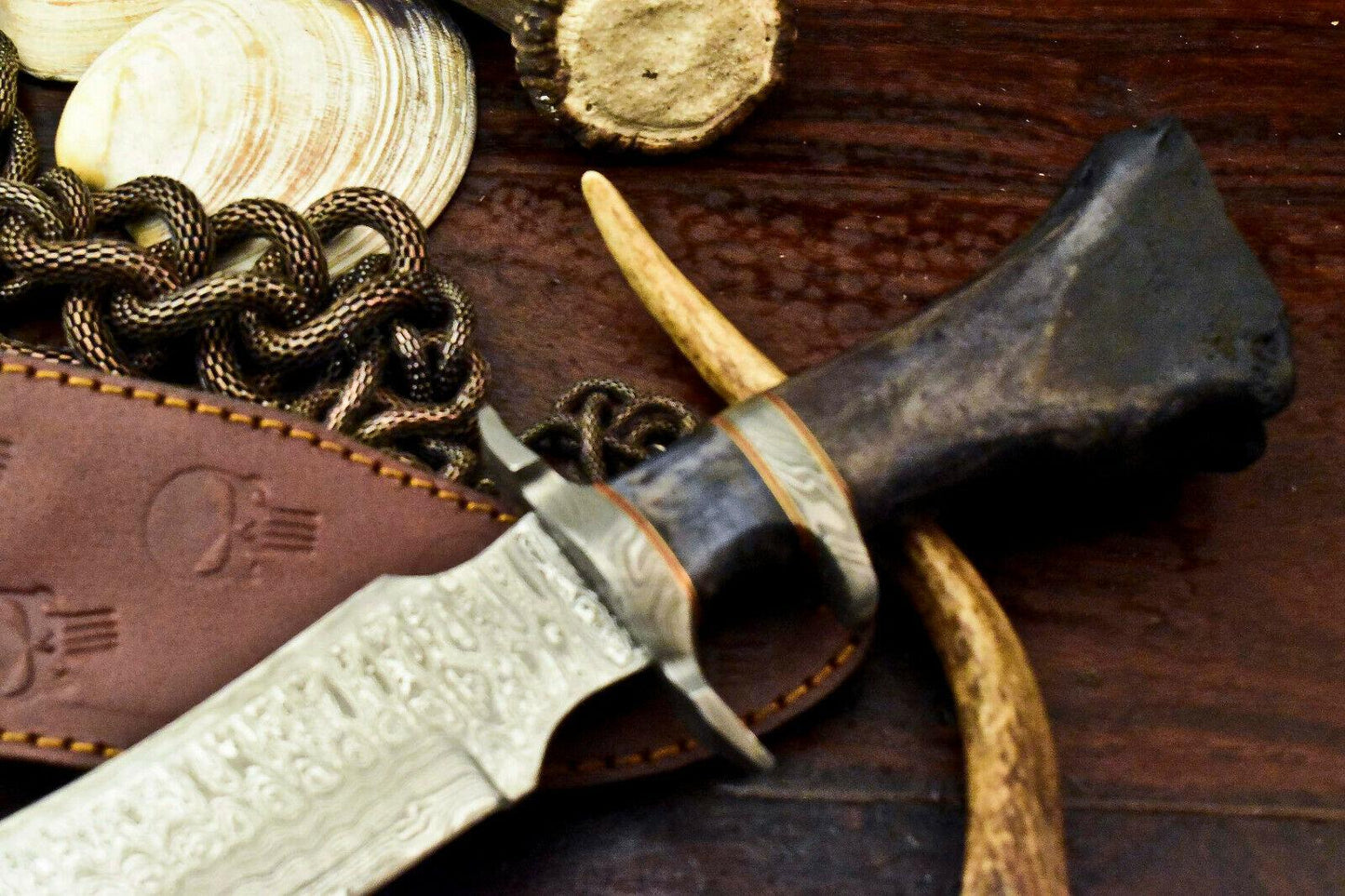 15" Handmade Damascus Bowie Knife Damascus Steel Knife With Engraved Camel Bone Handle