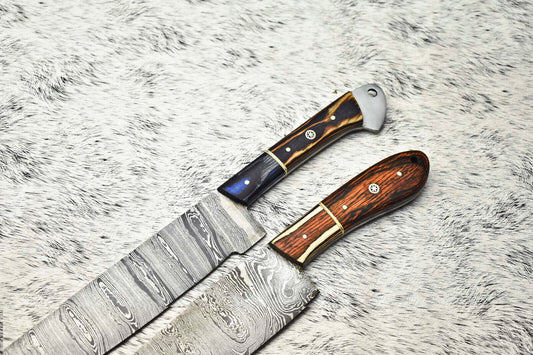 Lot of 2 Handmade Damascus Steel Chef Knives | Custom Forged Blade Kitchen Knife Set