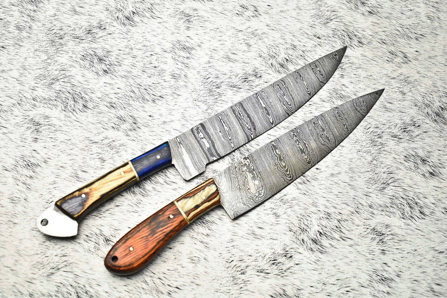 Lot of 2 Handmade Damascus Steel Chef Knives | Custom Forged Blade Kitchen Knife Set