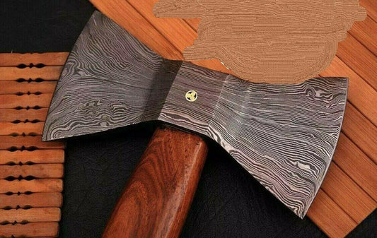 Handmade Damascus Steel Double Head Tomahawk Axe with Rosewood Handle and Leather Sheath