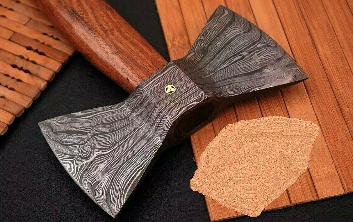 Handmade Damascus Steel Double Head Tomahawk Axe with Rosewood Handle and Leather Sheath