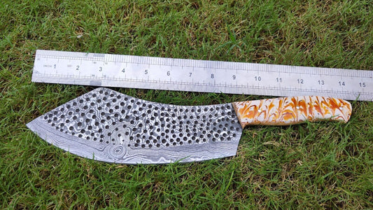 Handmade Damascus Cleaver Knife – 9" Razor-Sharp Serbian Chef’s Butcher Knife with Resin Wood Handle & Leather Sheath