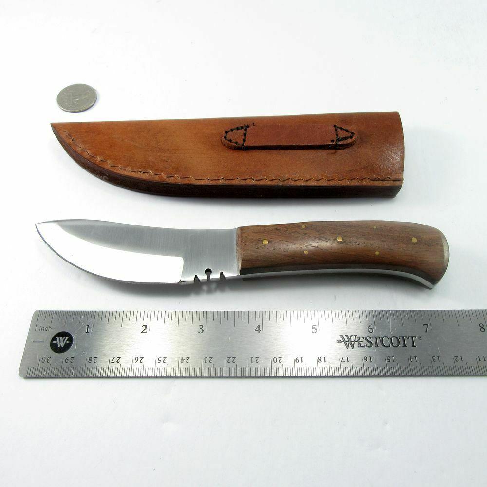 7.75" Upswept Blade Skinner Knife – Full Tang Stainless Steel with Wood Handle & Leather Sheath