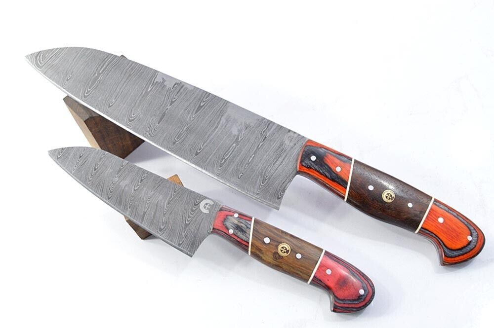 Set of 2 Handmade Damascus Steel Full Tang Chef Knives – Custom Forge Kitchen Cutlery