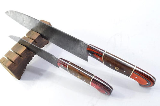 Set of 2 Handmade Damascus Steel Full Tang Chef Knives – Custom Forge Kitchen Cutlery