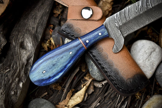 8.0 in Custom Hunting Skinner Knife Twist Damascus Hard Wood EDC