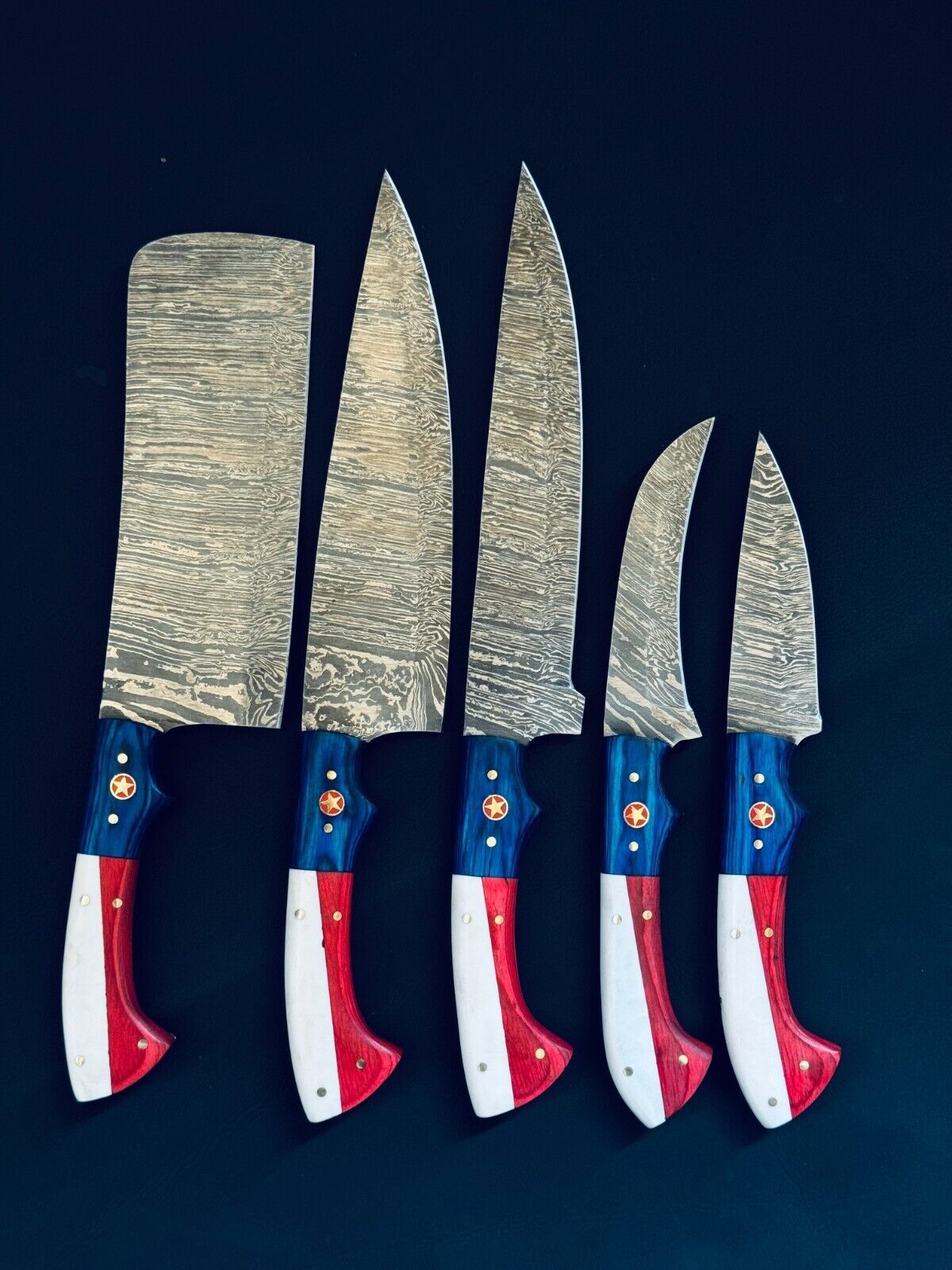 Chef Knives Set of 5 – Texas Flag Fire Storm Damascus Steel Kitchen Knife Collection