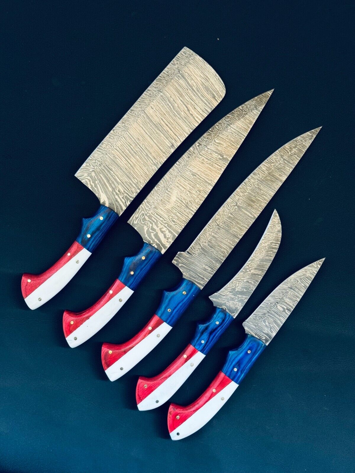 Chef Knives Set of 5 – Texas Flag Fire Storm Damascus Steel Kitchen Knife Collection