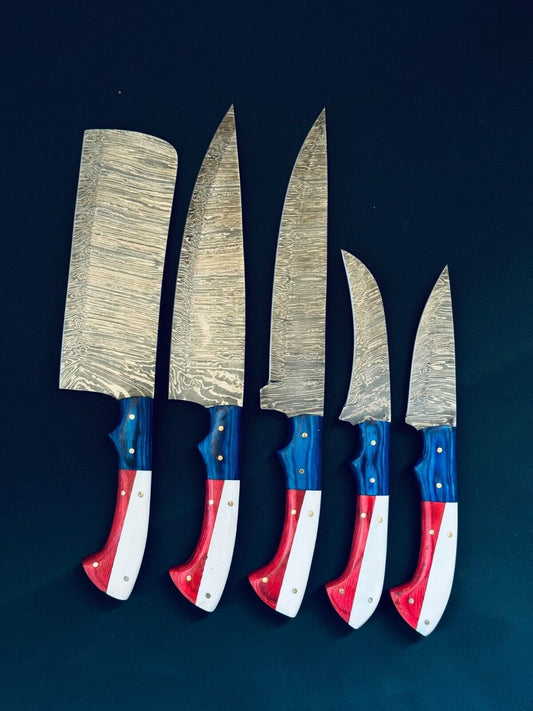 Chef Knives Set of 5 – Texas Flag Fire Storm Damascus Steel Kitchen Knife Collection