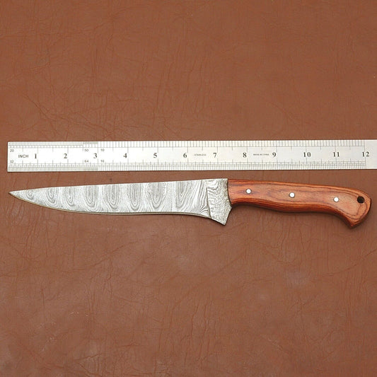 Hand-Forged Damascus Steel Chef Knife | 12" Custom Kitchen Knife with Wooden Handle
