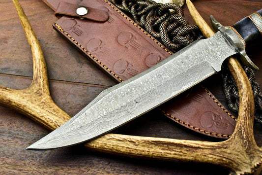 15" Damascus Bowie Knife with Camel Bone Handle & Leather Sheath