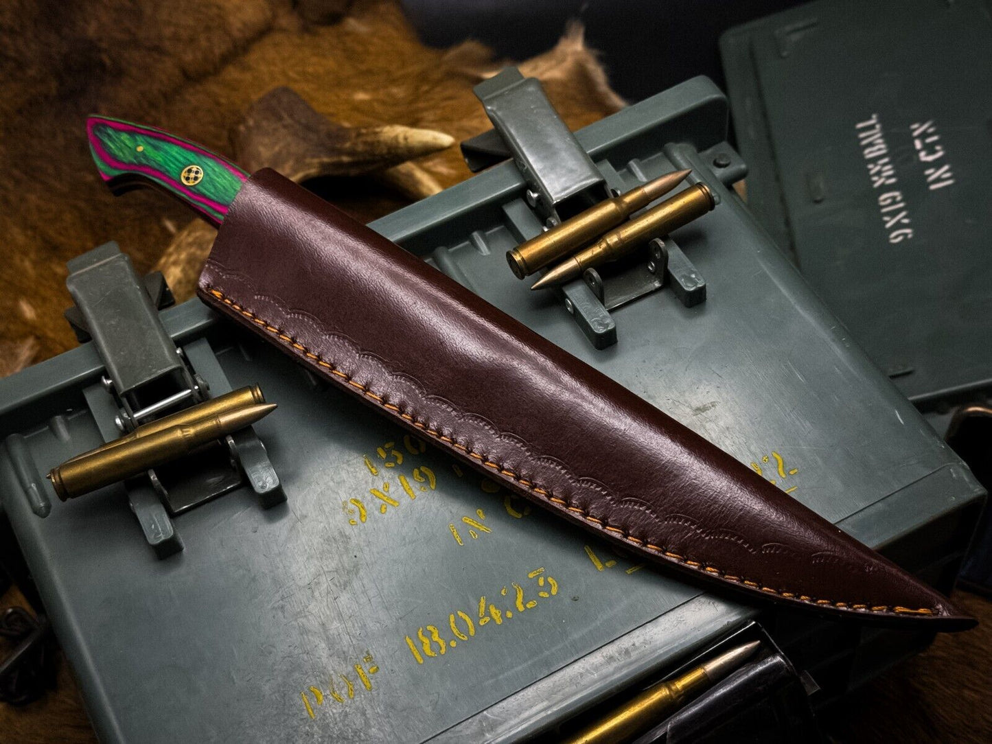 Handmade Damascus Steel Hunting & Kitchen Chef Knife with Wood Handle and Leather Sheath