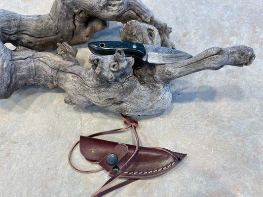 Small Damascus Steel Skinner Knife | Wood Handle | Leather Sheath | Hunting Knife