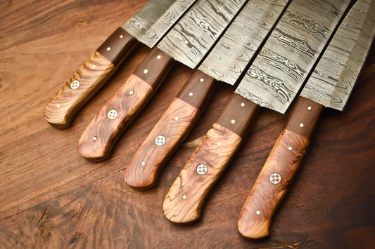 Set of 5 Handmade Hammered Damascus Steel Chef Knives – Custom Crafted Blades