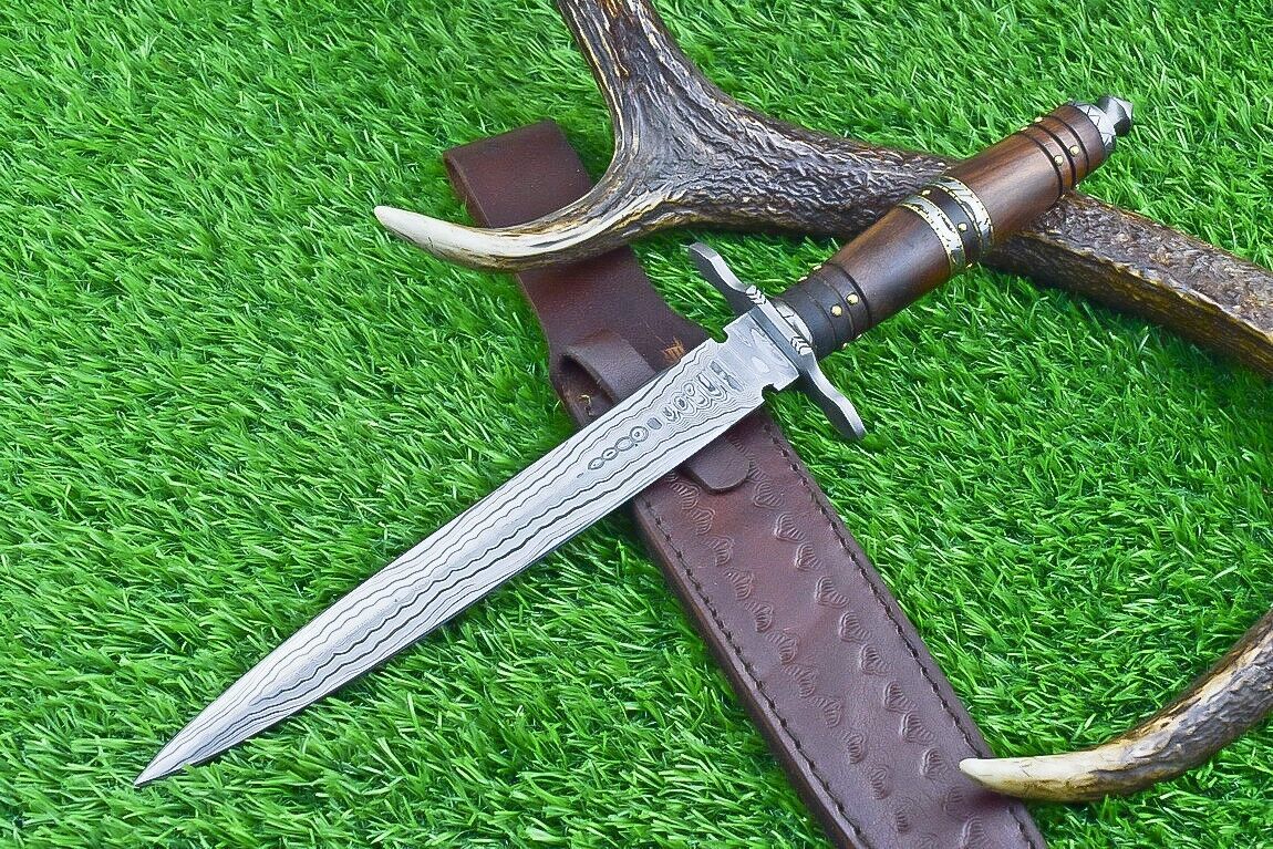 Heritage Forge 15 Inch Damascus Steel Double Edge Bowie Dagger with Natural Wood Handle