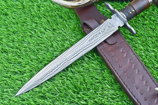 Heritage Forge 15 Inch Damascus Steel Double Edge Bowie Dagger with Natural Wood Handle