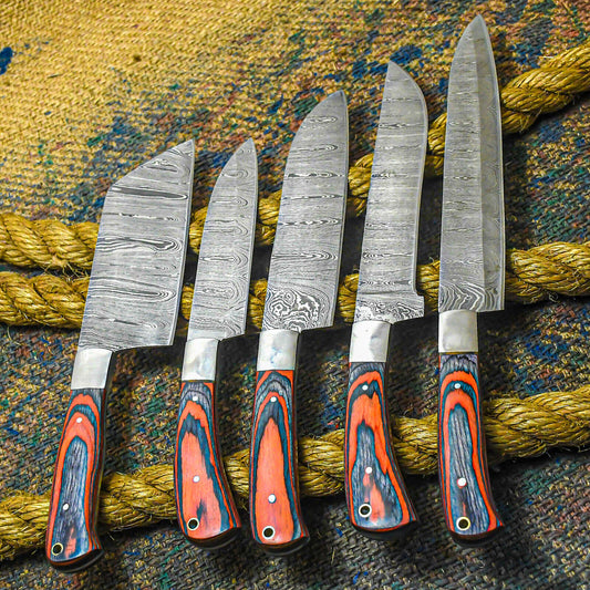 Hand Forged Damascus Steel Chef Knife Set – 5 Piece Colored Wood Handle