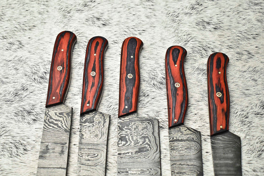 Lot Of 5 Handmade Damascus Hammered Full Tang Chef Set Knife | Hard Wood