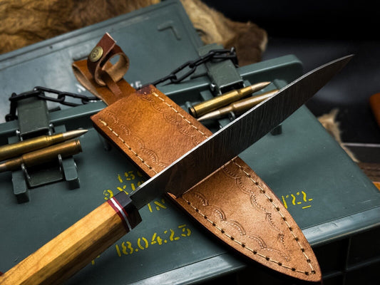 Handmade Damascus Steel Kitchen Chef Knife – Wood Handle, Fish Cut Blade, Leather Sheath