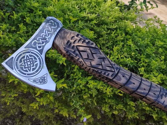 Handmade Viking Throwing Axe 18 Inch with Ashwood Carved Handle