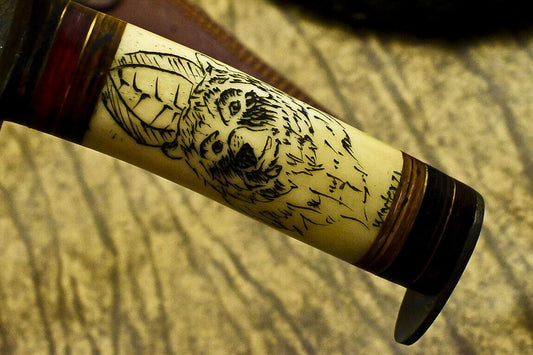 12.5" Handmade Damascus Steel Bowie Knife | Scrimshaw Camel Bone Handle